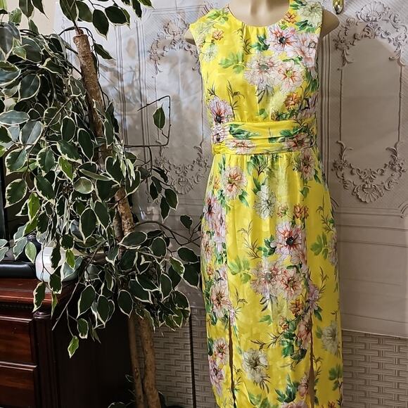 Anthropologie NWOT Sparrow Silk Blend Yellow Floral Midi Dress 10P - Picture 1 of 13